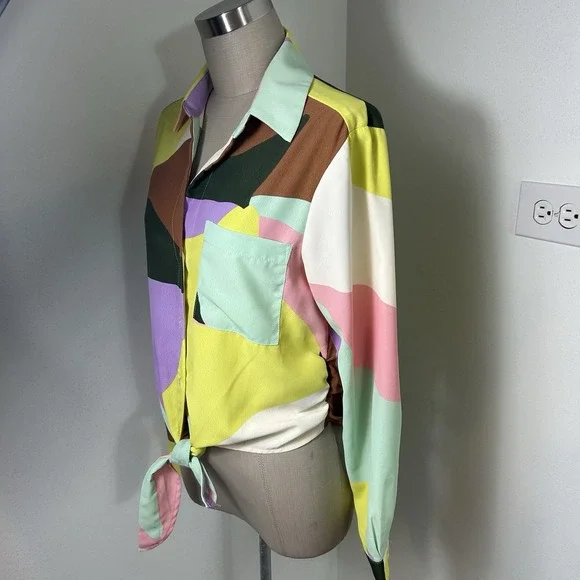 Anthropologie Sanctuary Girlfriend Artist Field Colorblock Tie Shirt Boho XS - Picture 5 of 11